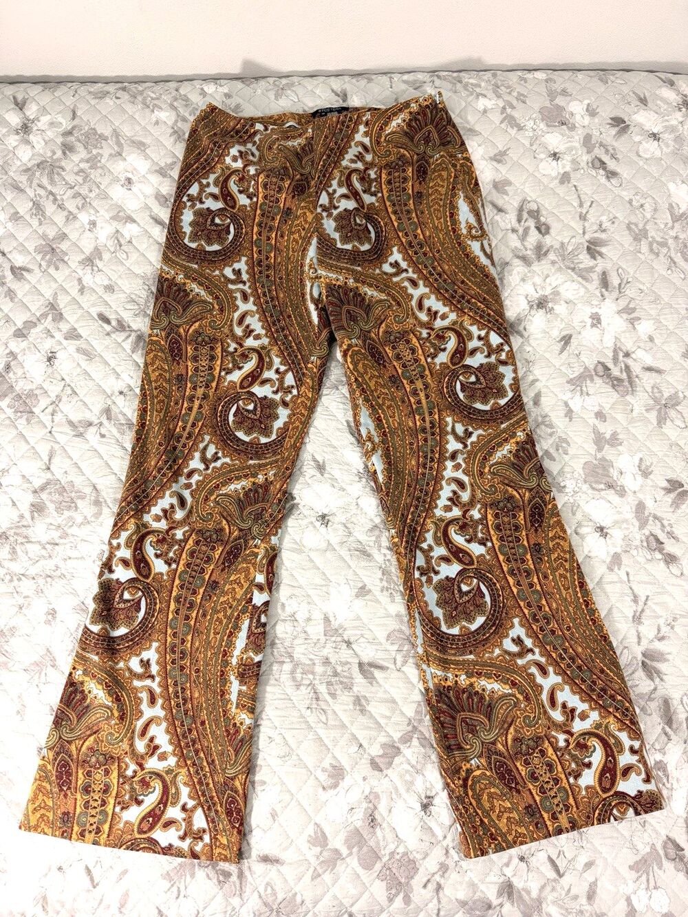 Etcetera Paisley Flare Pants Women's Size 12 Blue Brown Stretch Boho Career
